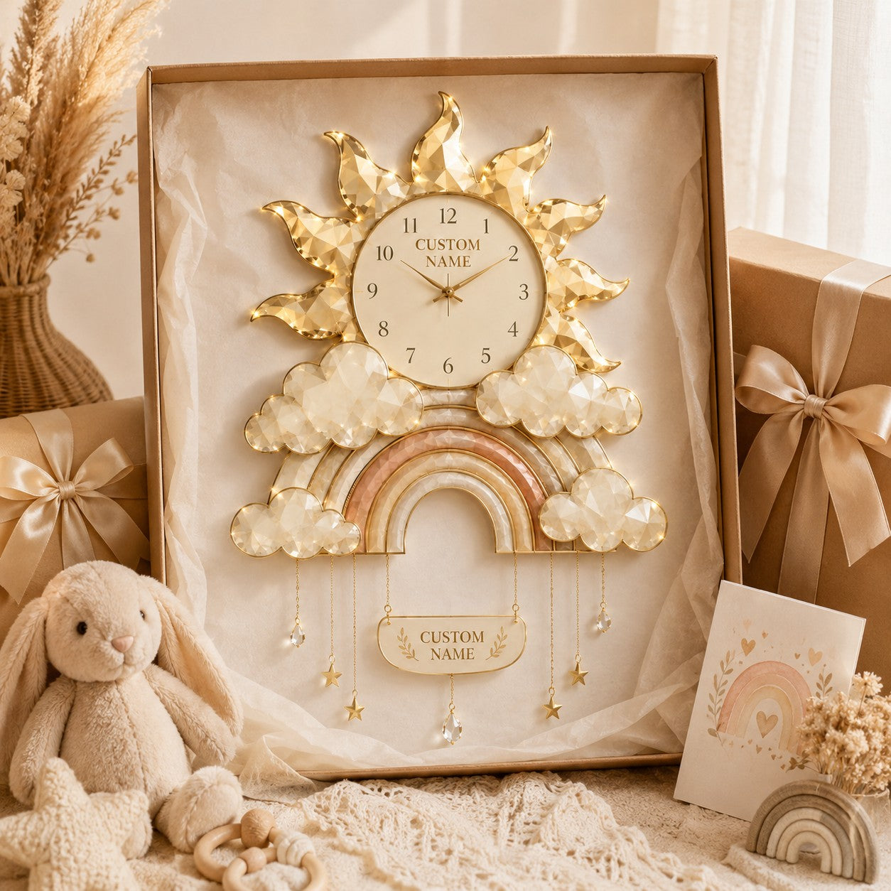 Personalized Boho Rainbow Nursery Wall Clock with Custom Name — personalized with a custom name