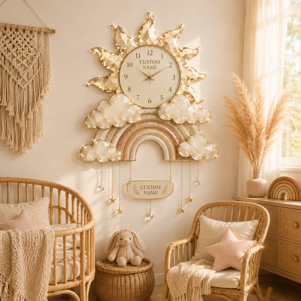 Personalized Boho Rainbow Nursery Wall Clock with Custom Name — personalized with a custom name