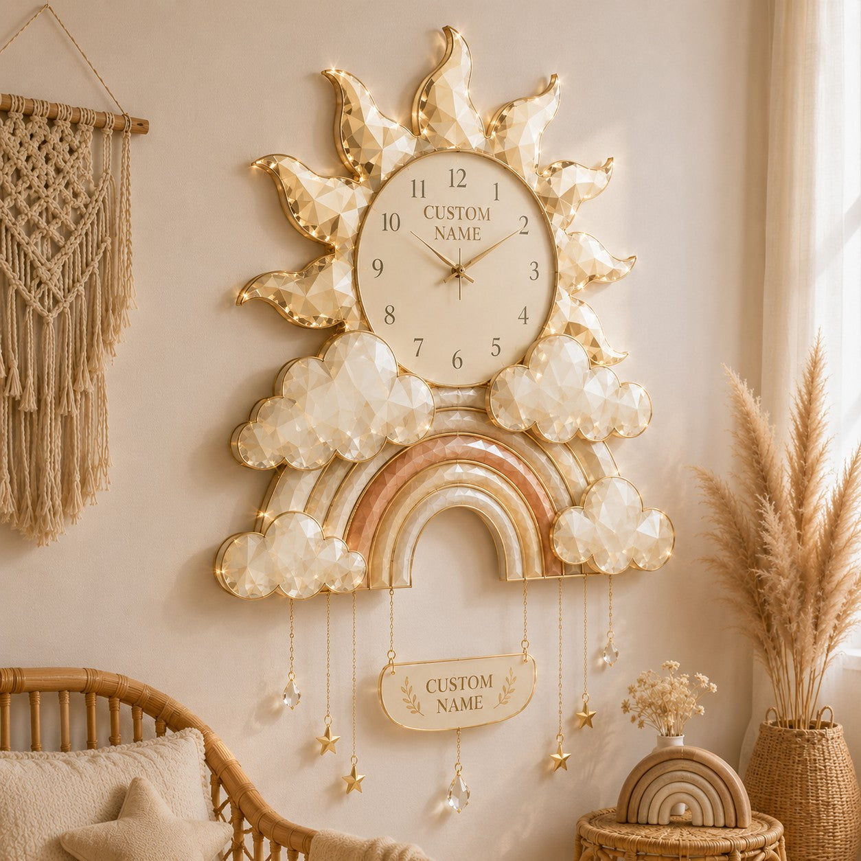 Personalized Boho Rainbow Nursery Wall Clock with Custom Name — personalized with a custom name