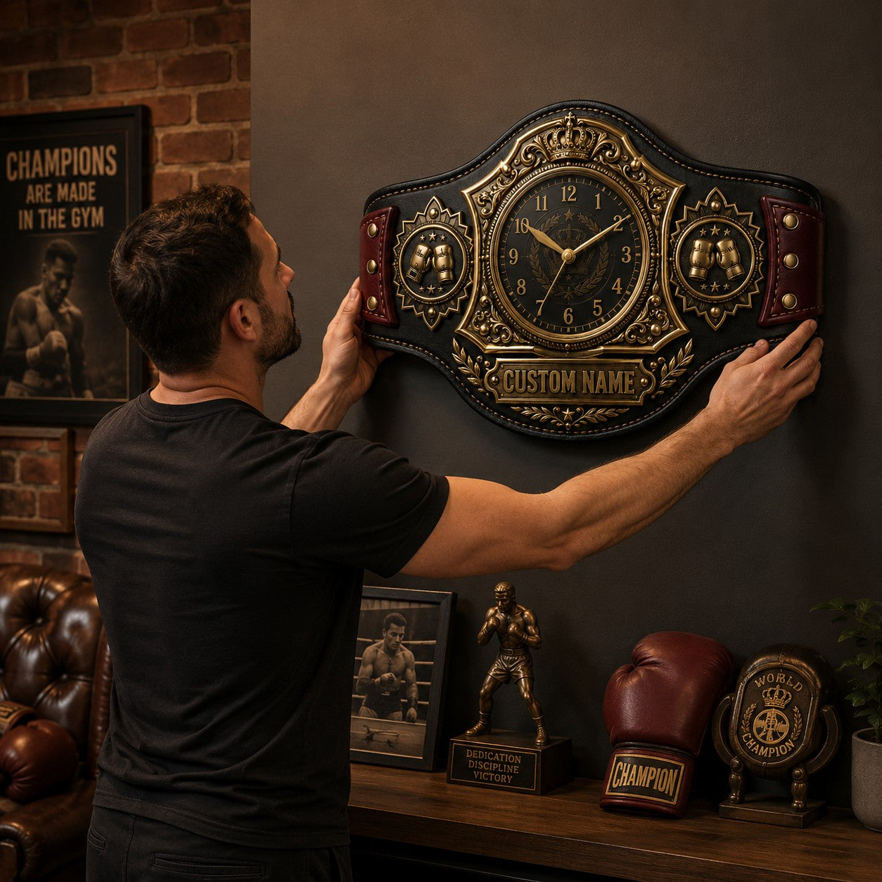 Personalized Boxing Championship Belt Wall Clock with Custom Name — personalized with a custom name