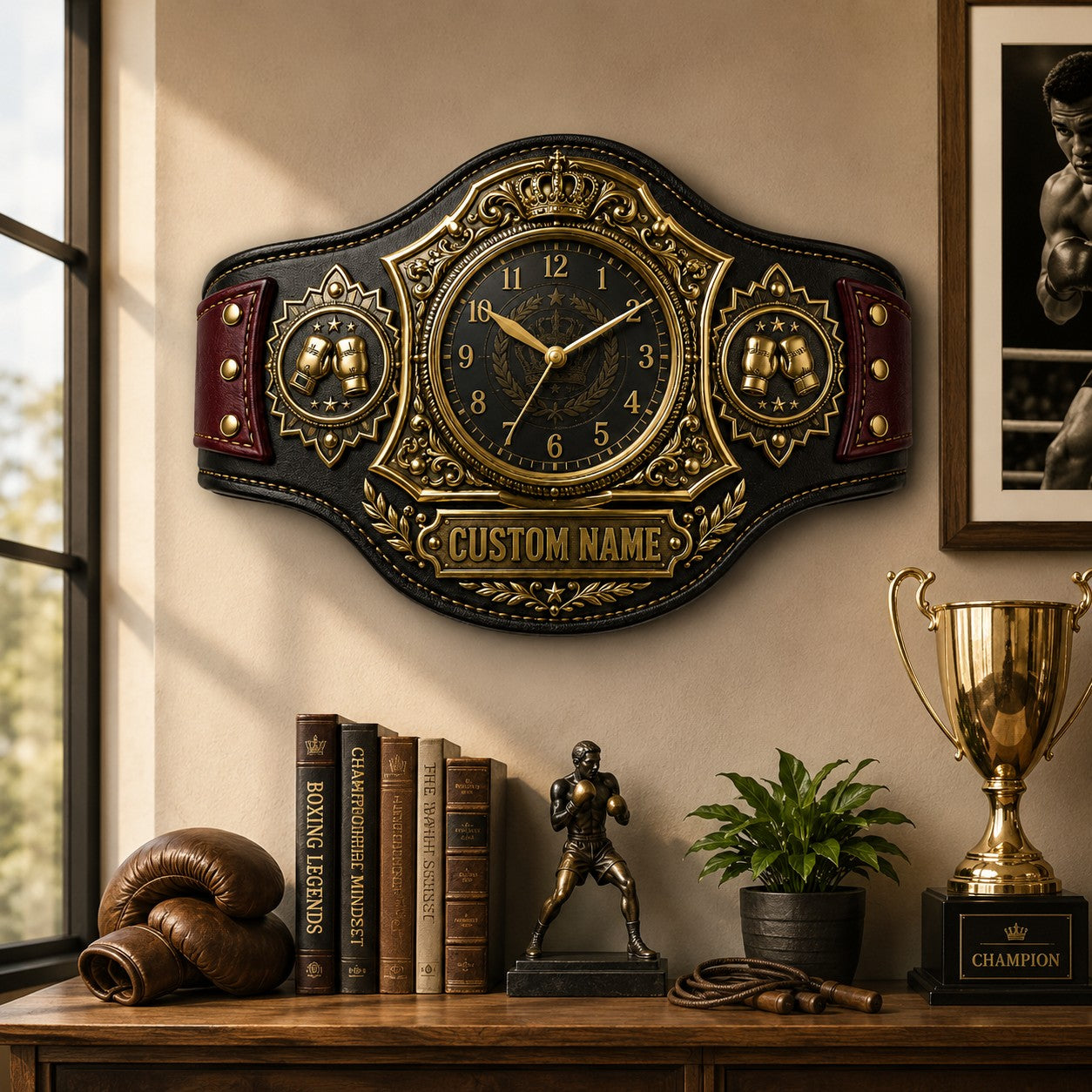 Personalized Boxing Championship Belt Wall Clock with Custom Name — personalized with a custom name