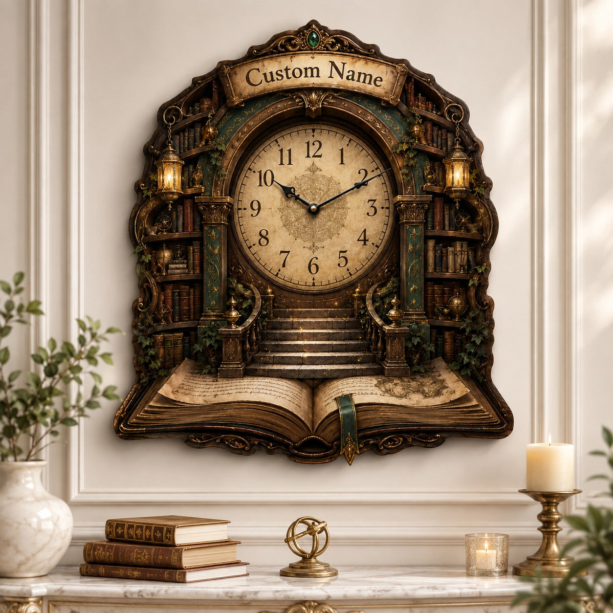 Personalized Fantasy Library Wall Clock with Custom Name — personalized with a custom name