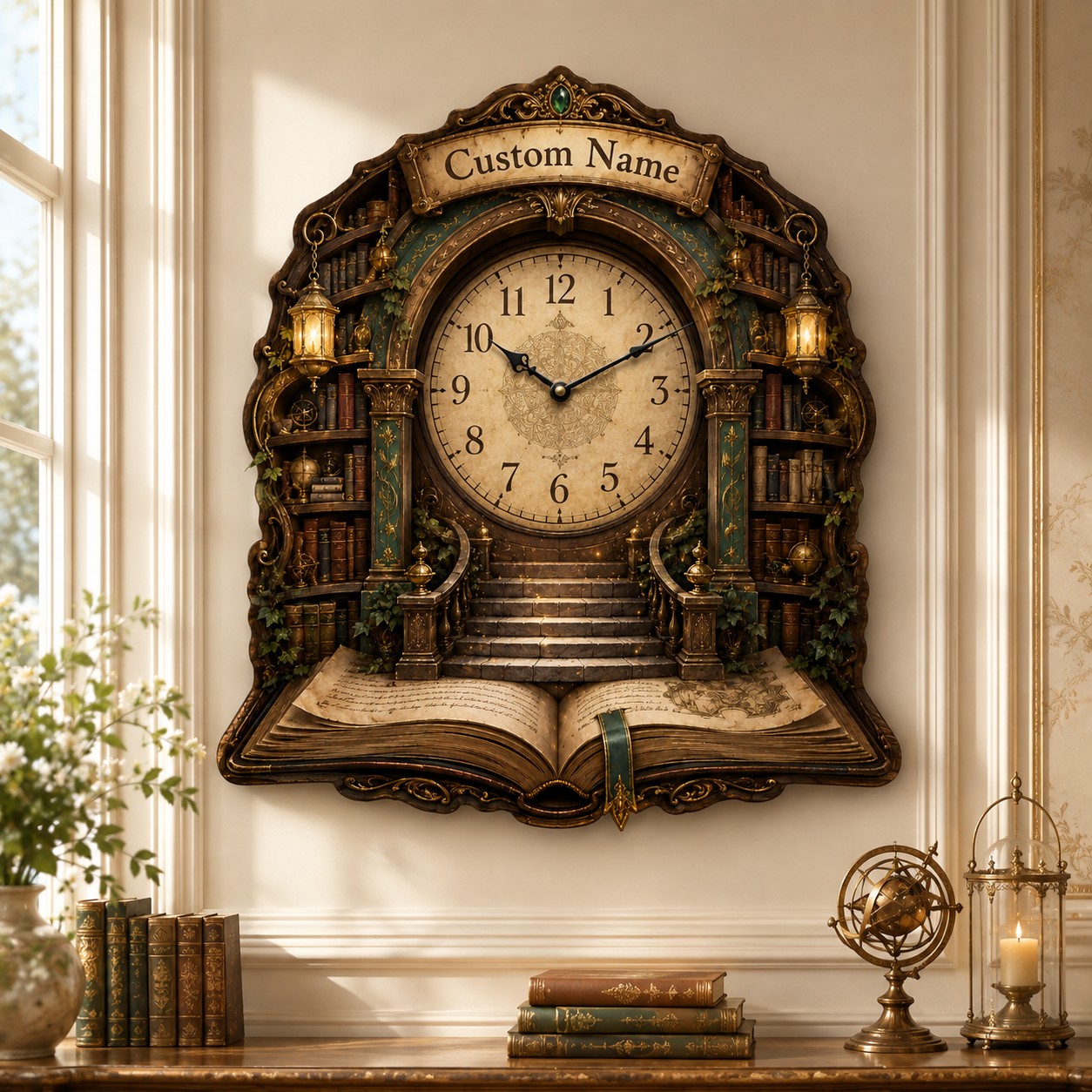 Personalized Fantasy Library Wall Clock with Custom Name — personalized with a custom name