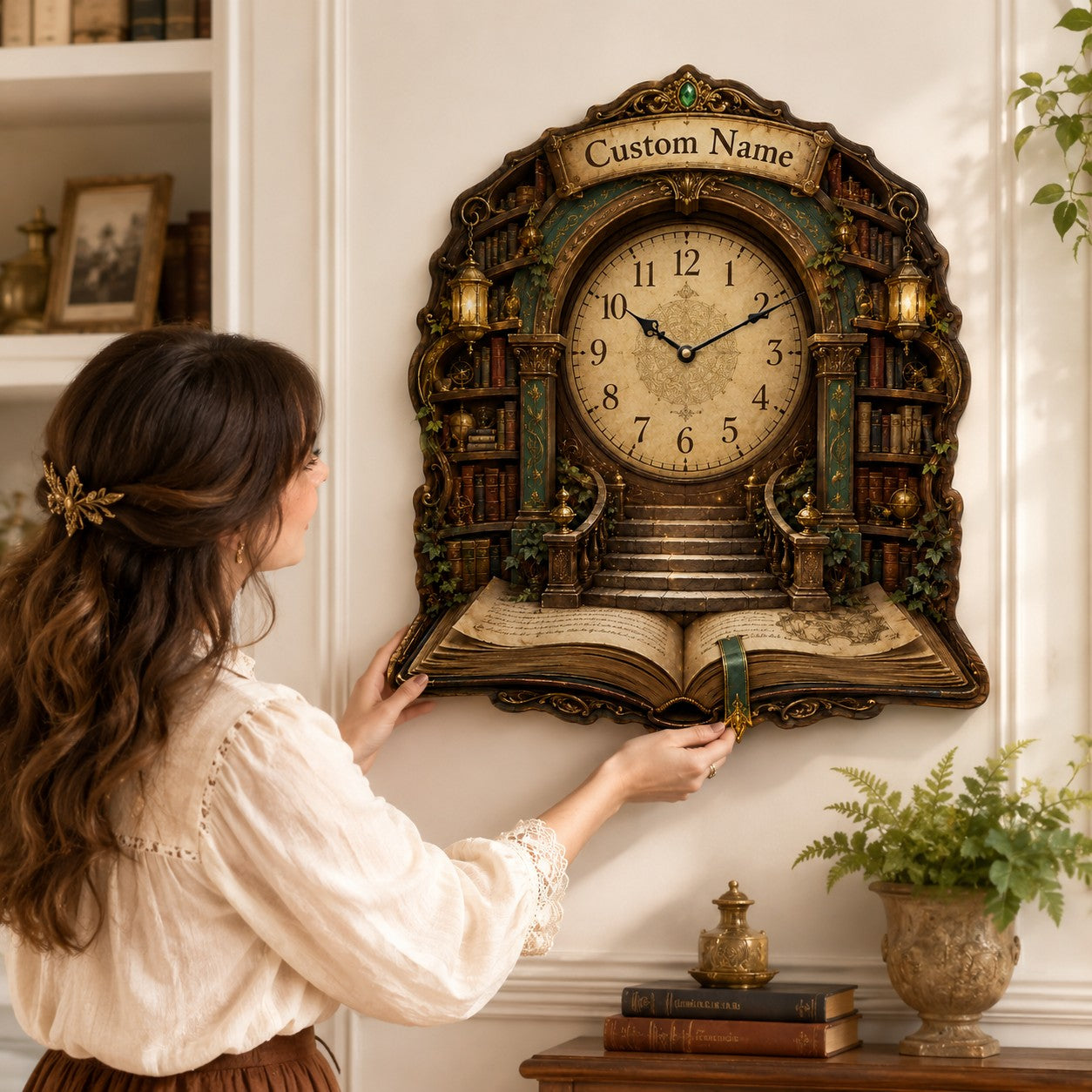 Personalized Fantasy Library Wall Clock with Custom Name — personalized with a custom name