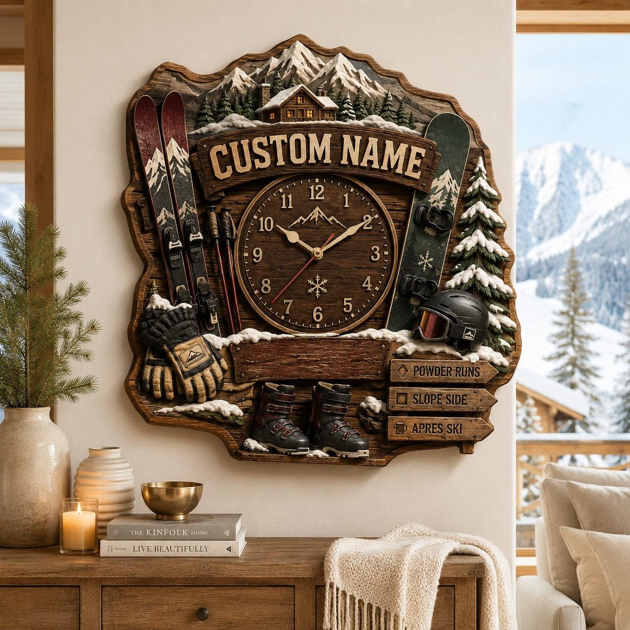Personalized Rustic Ski Lodge Wall Clock with Custom Name — personalized with a custom name