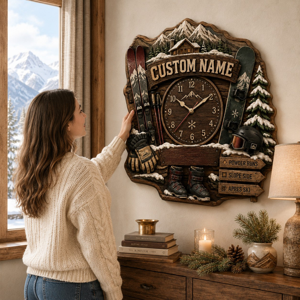 Personalized Rustic Ski Lodge Wall Clock with Custom Name — personalized with a custom name