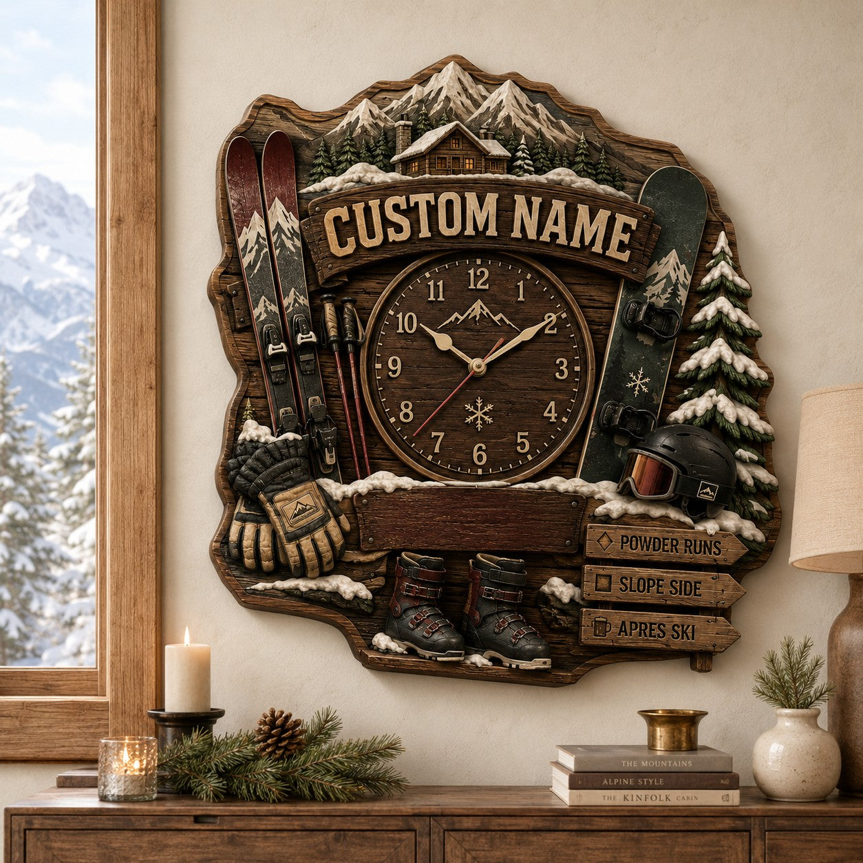 Personalized Rustic Ski Lodge Wall Clock with Custom Name — personalized with a custom name