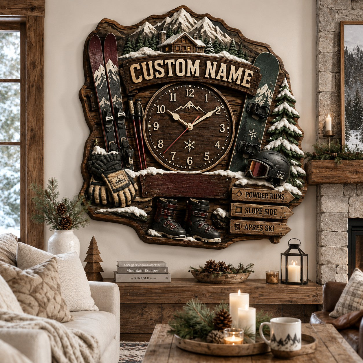 Personalized Rustic Ski Lodge Wall Clock with Custom Name — personalized with a custom name