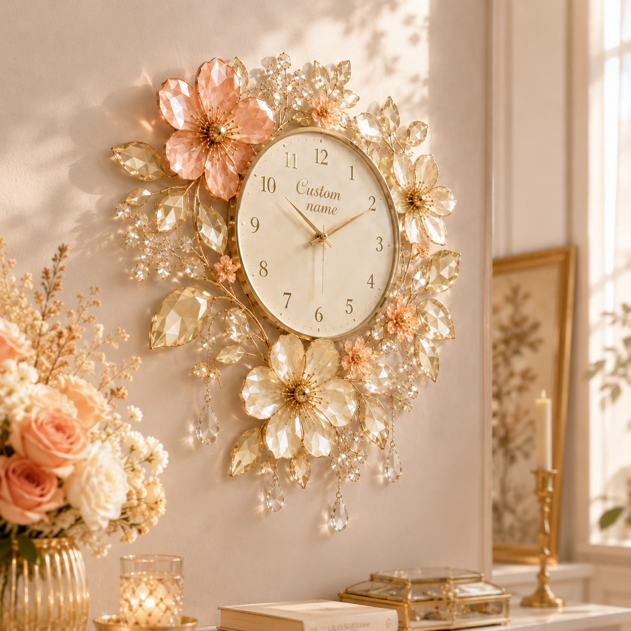 Personalized Floral Wall Clock with Custom Name — personalized with a custom name
