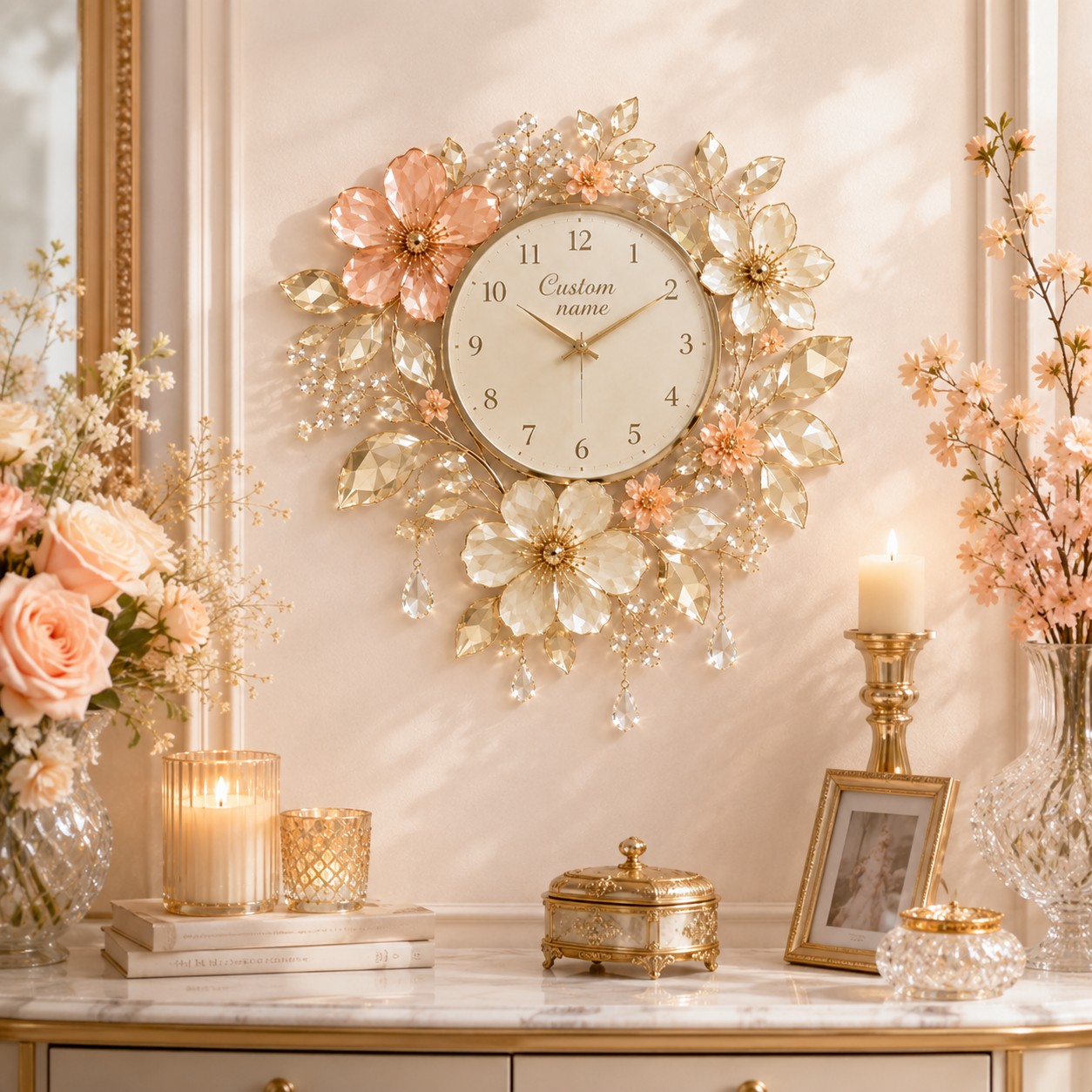 Personalized Floral Wall Clock with Custom Name — personalized with a custom name