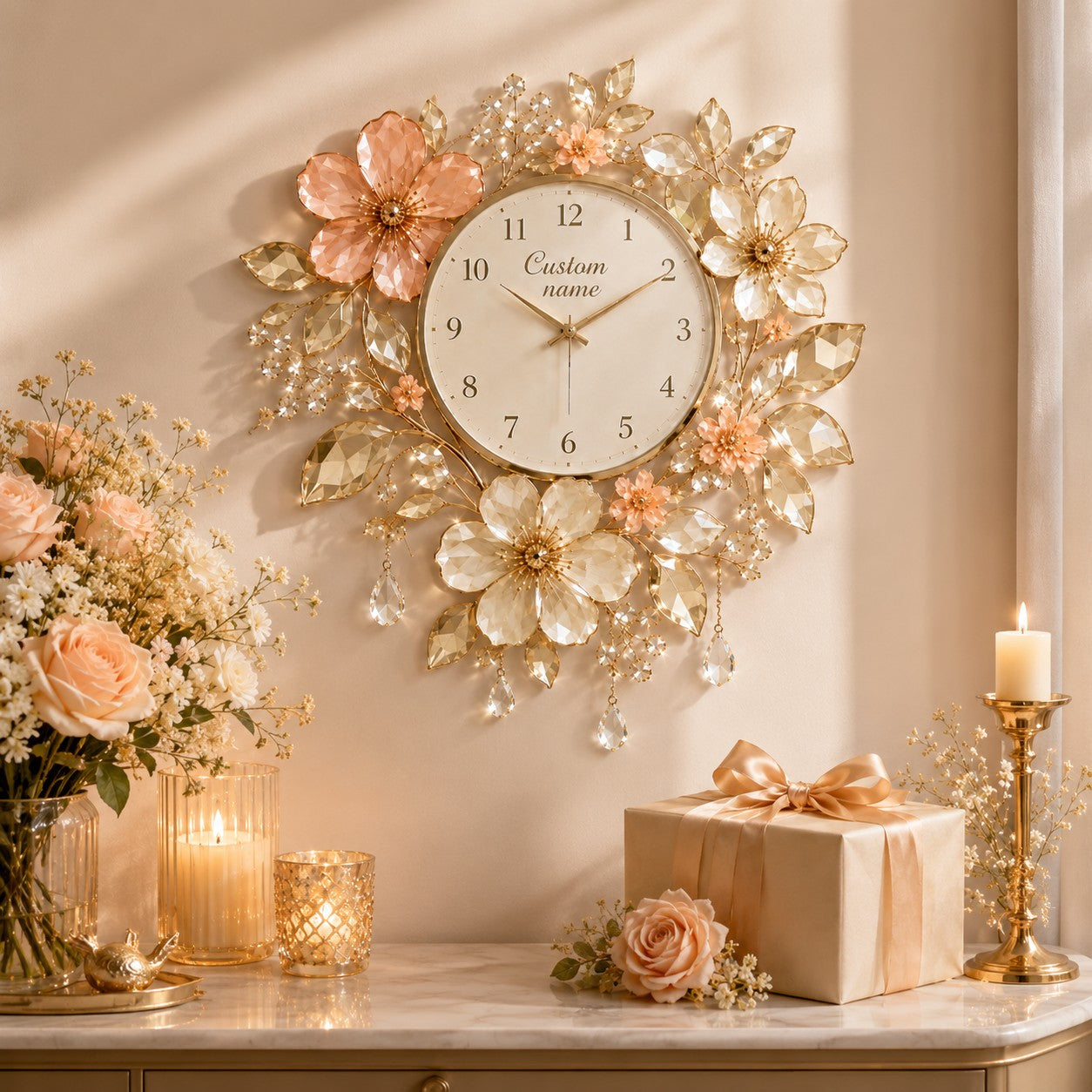 Personalized Floral Wall Clock with Custom Name — personalized with a custom name