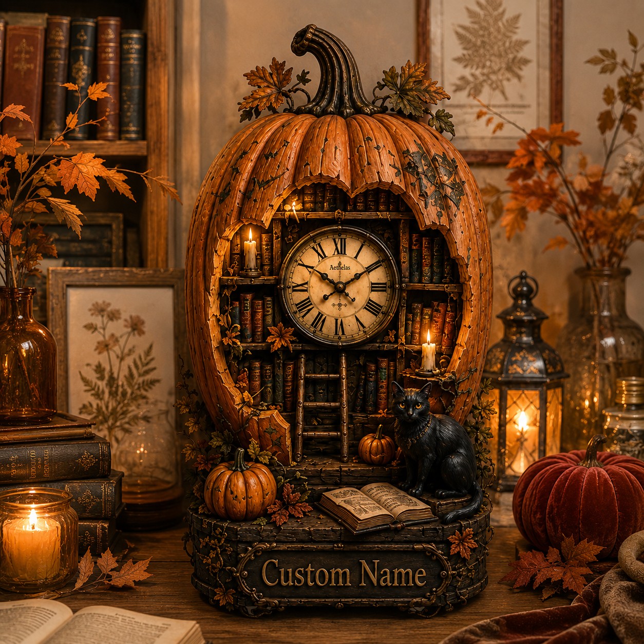 Personalized Pumpkin Library Wall Clock with Custom Name — personalized with a custom name