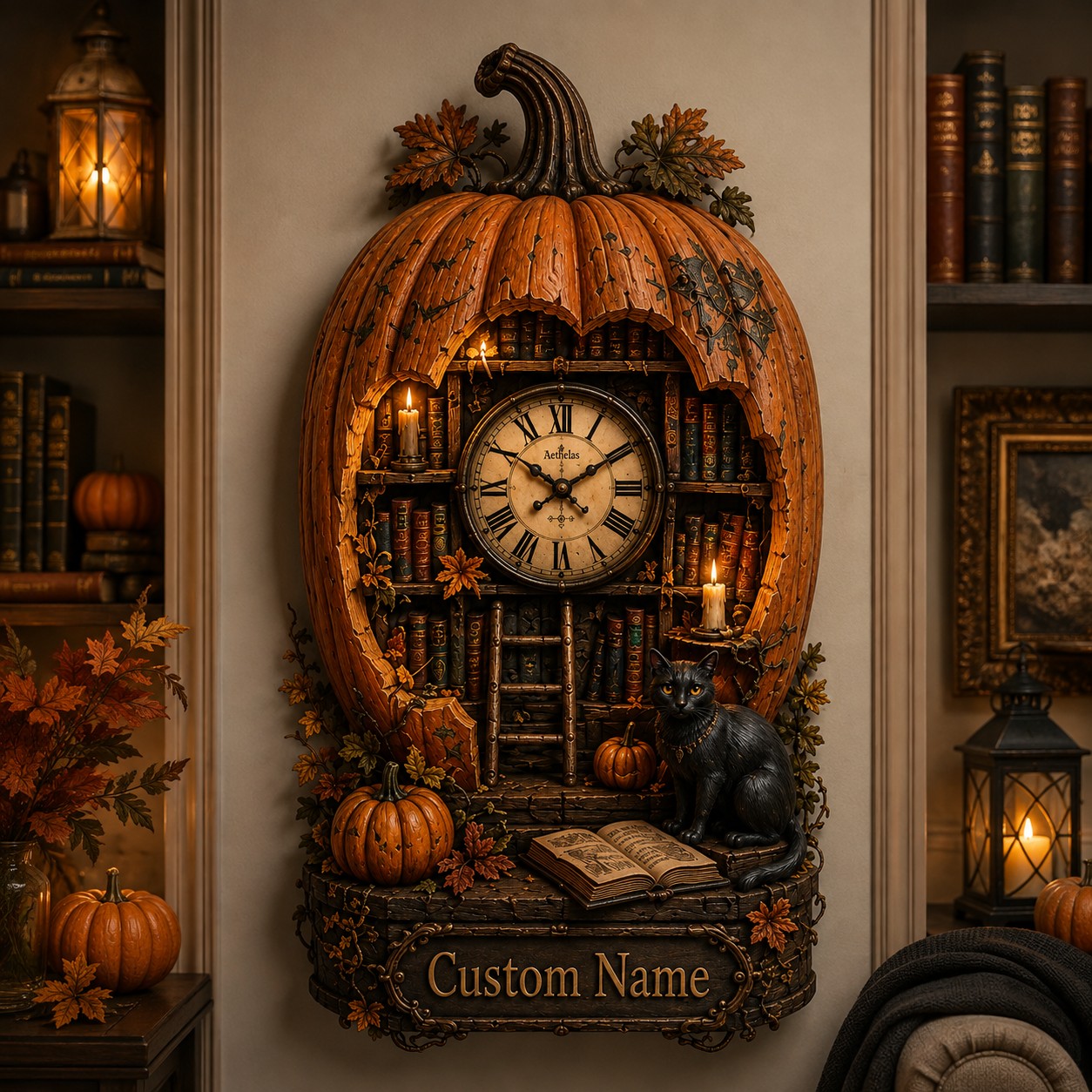 Personalized Pumpkin Library Wall Clock with Custom Name — personalized with a custom name