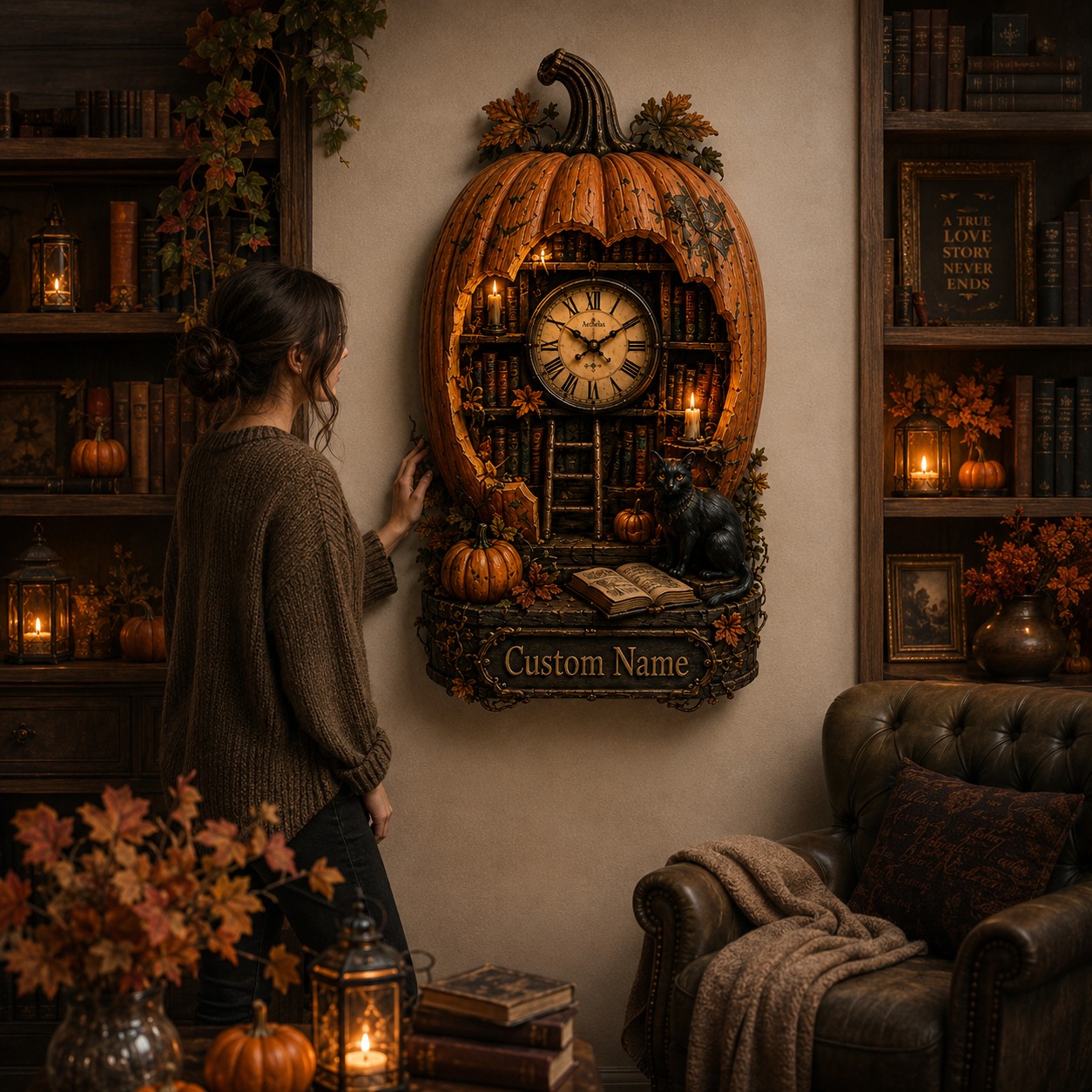 Personalized Pumpkin Library Wall Clock with Custom Name — personalized with a custom name