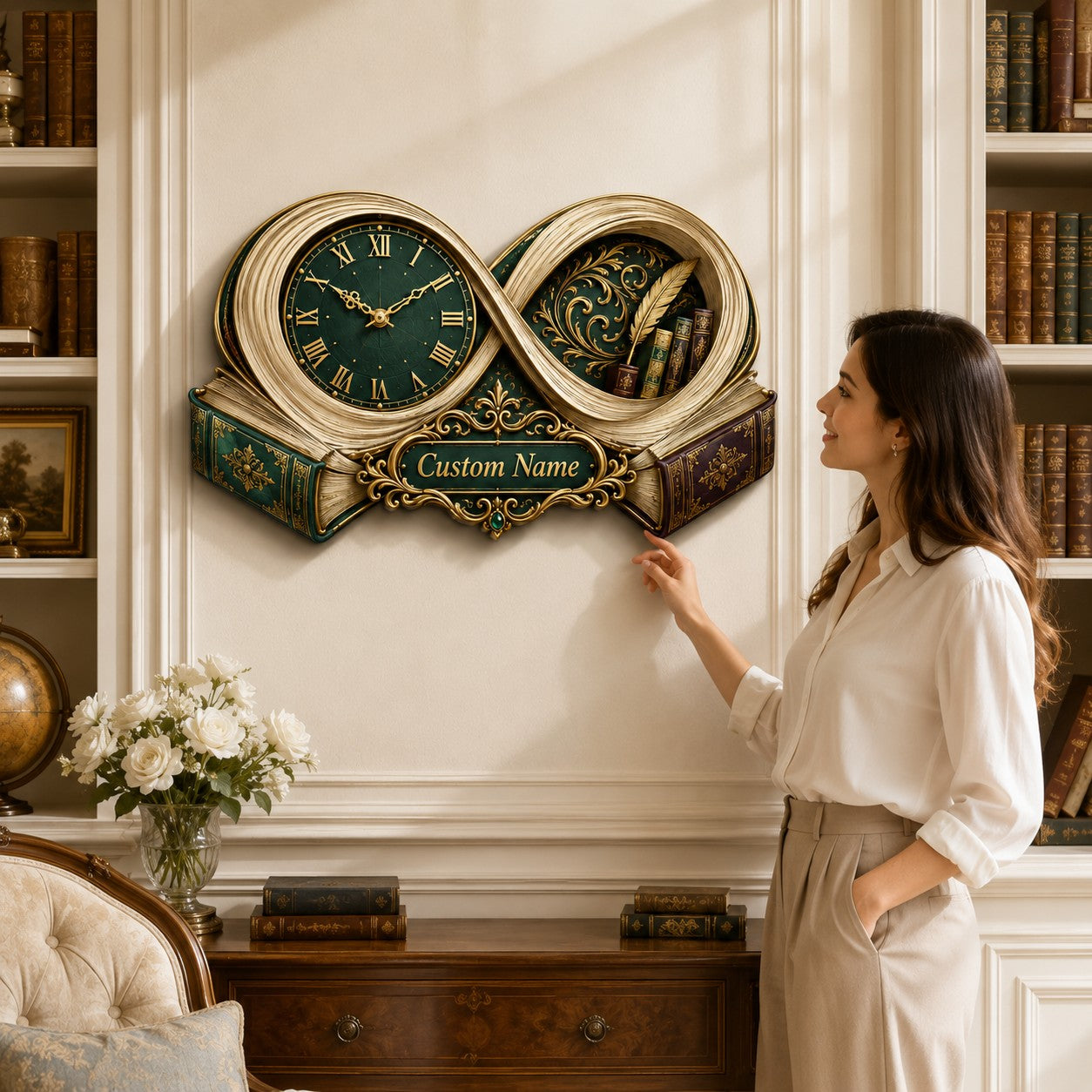 Personalized Infinity Book Wall Clock with Custom Name — personalized with a custom name