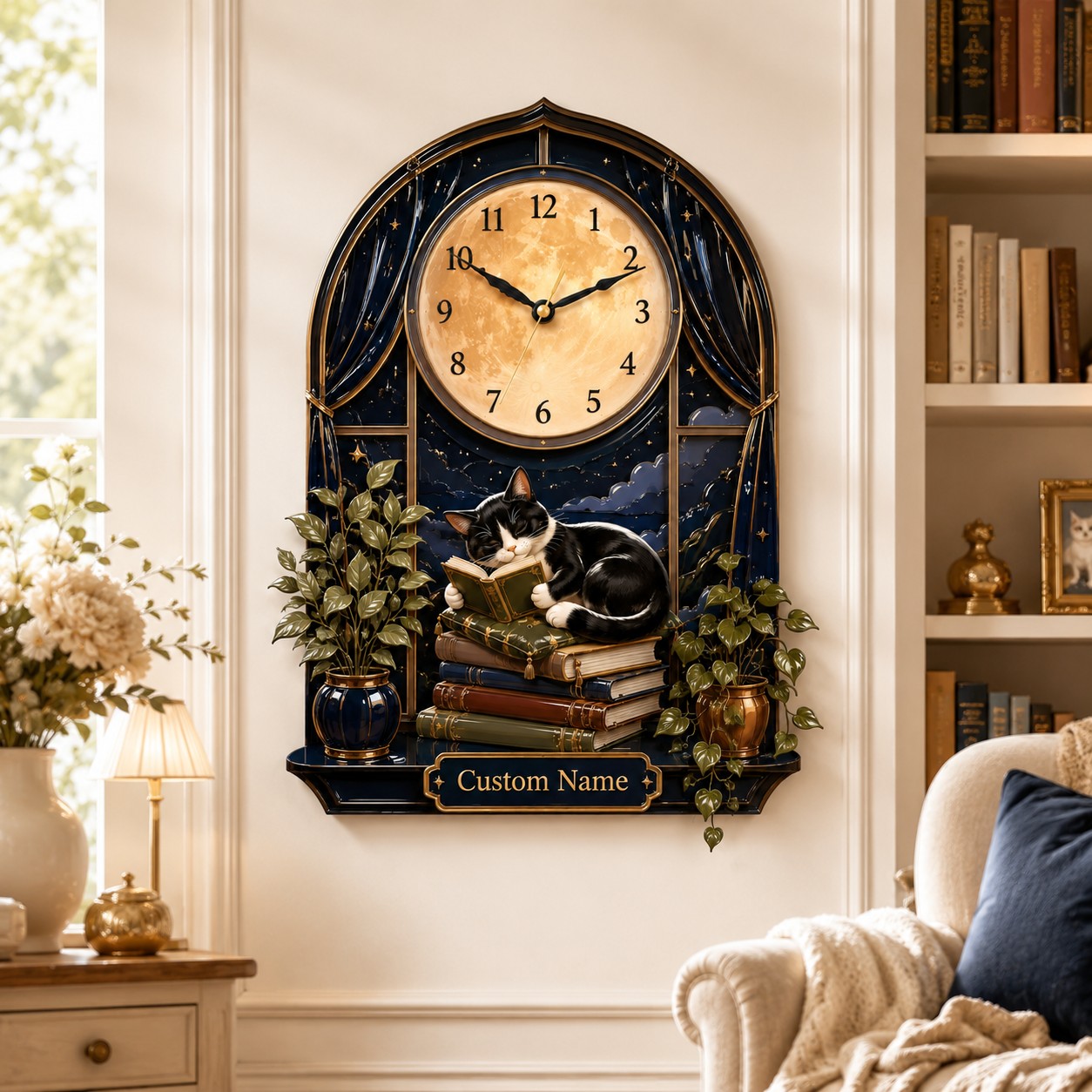 Personalized Reading Cat Moon Wall Clock with Custom Name — personalized with a custom name
