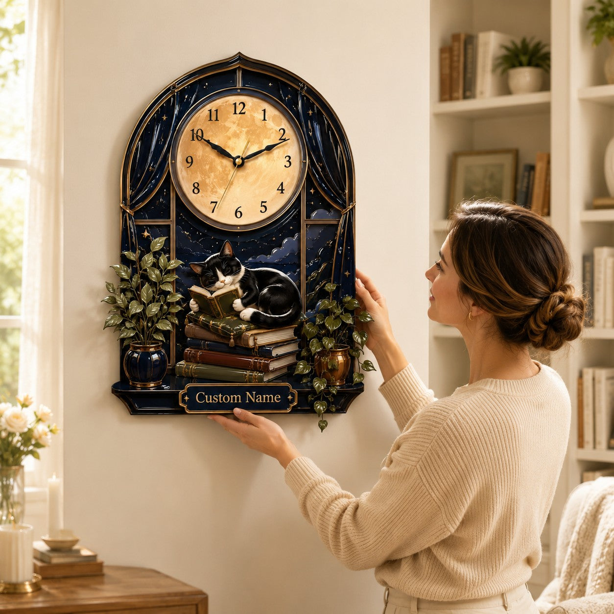 Personalized Reading Cat Moon Wall Clock with Custom Name — personalized with a custom name