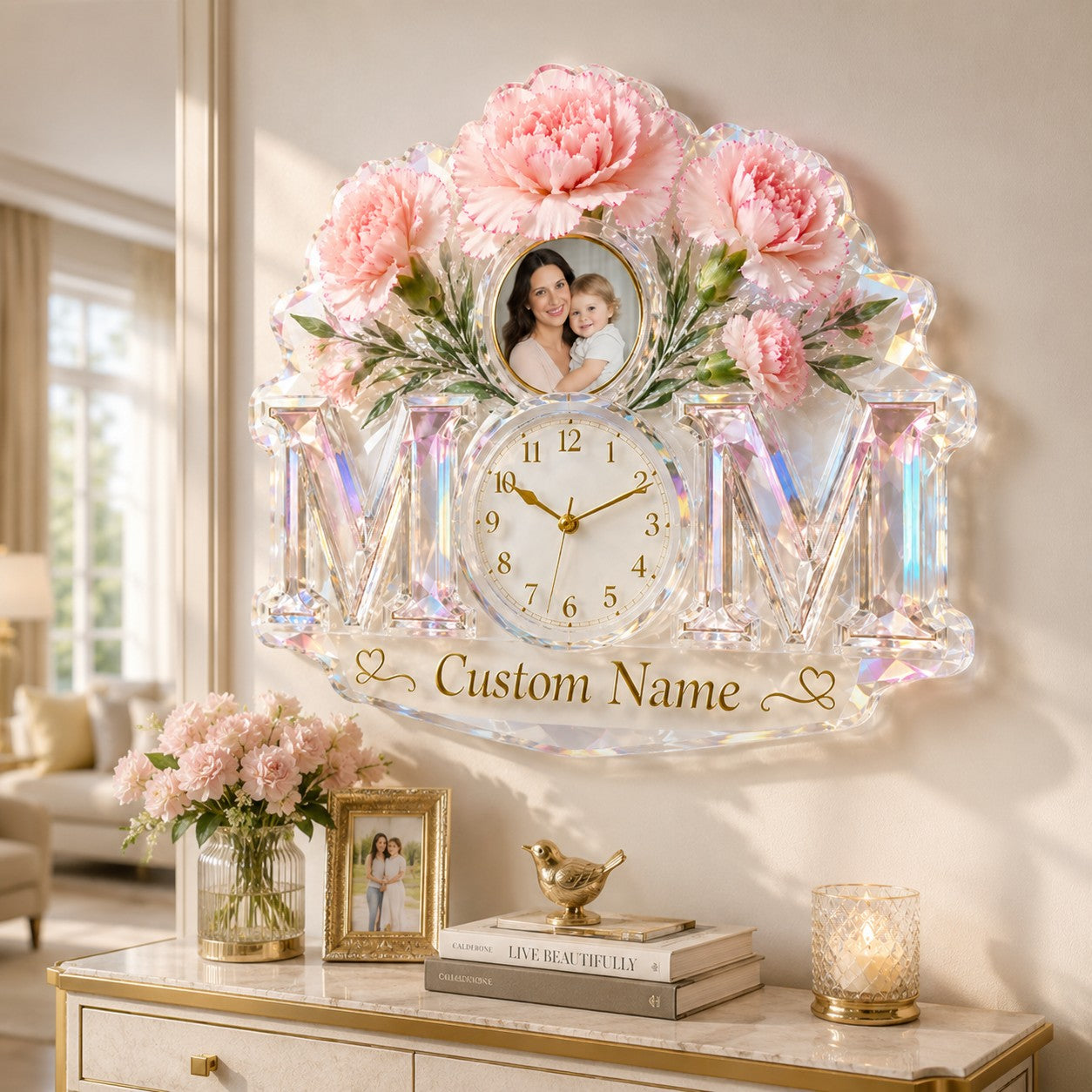 Personalized Mom Photo Wall Clock, Custom Name Gift for Mom — personalized with a custom name