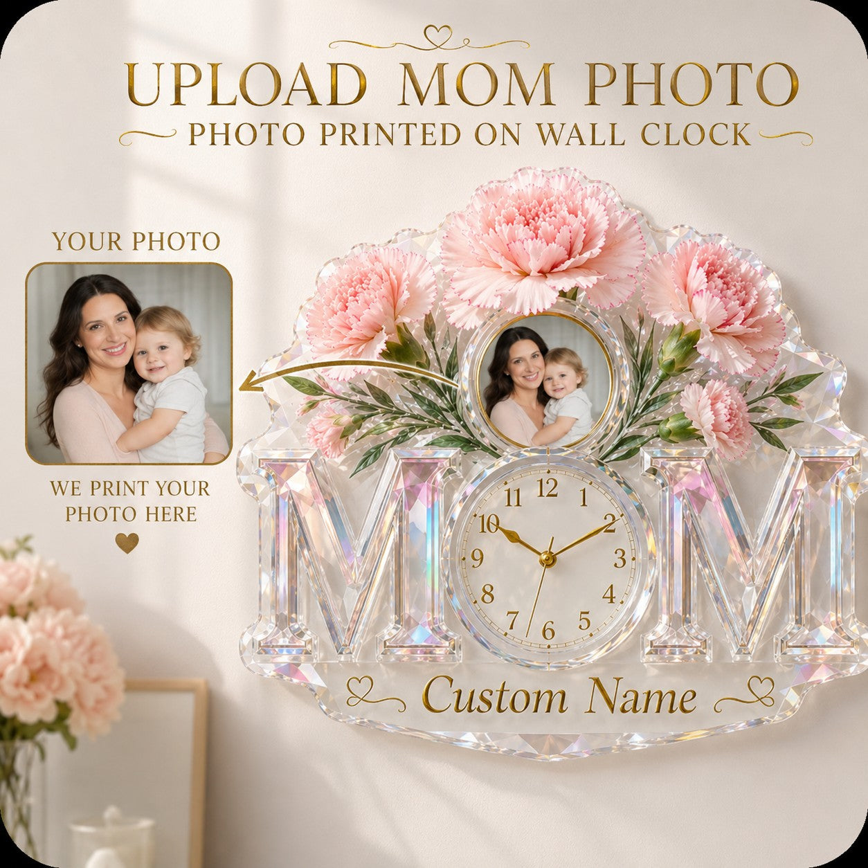 Personalized Mom Photo Wall Clock, Custom Name Gift for Mom — personalized with a custom name