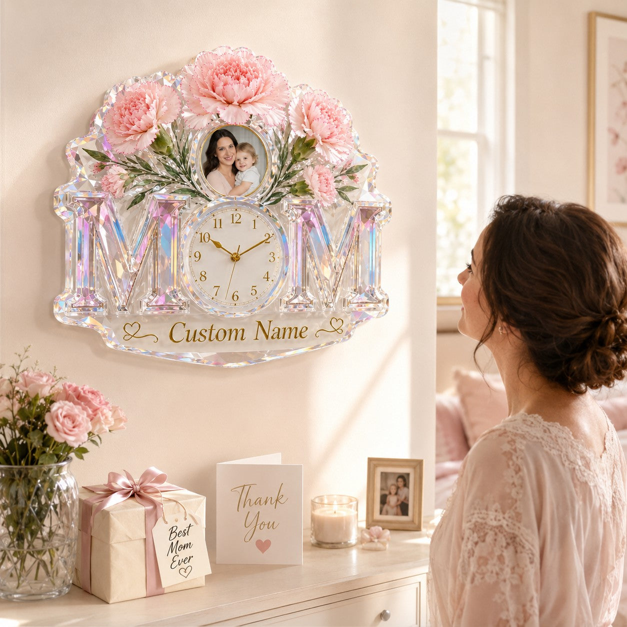Personalized Mom Photo Wall Clock, Custom Name Gift for Mom — personalized with a custom name