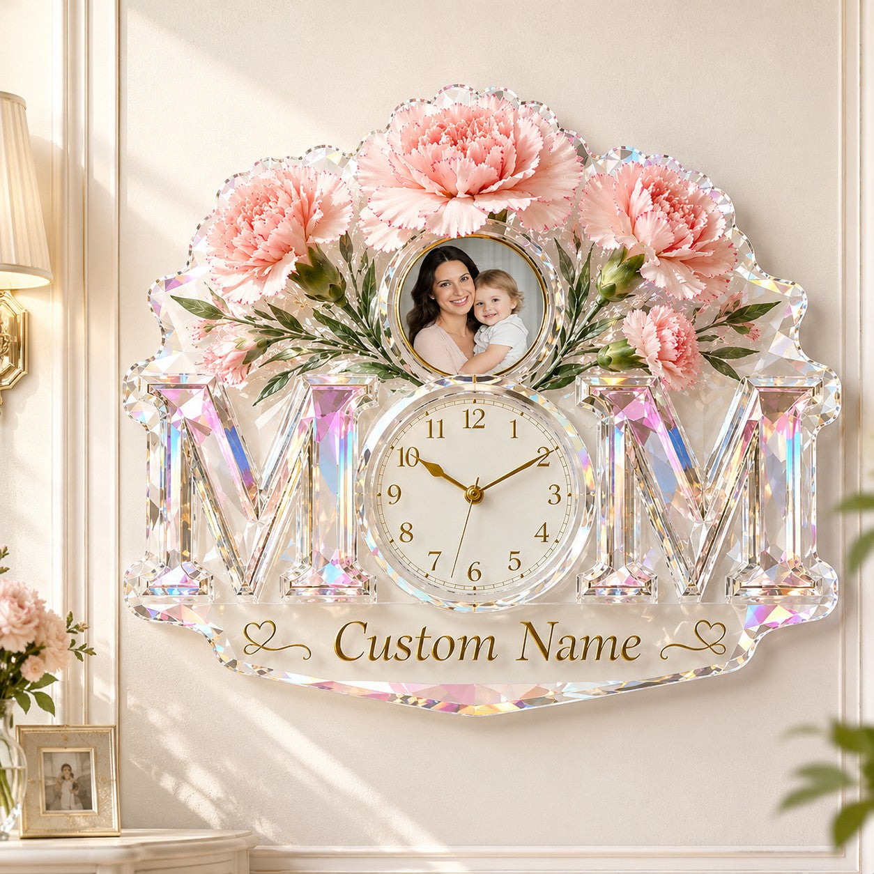 Personalized Mom Photo Wall Clock, Custom Name Gift for Mom — personalized with a custom name
