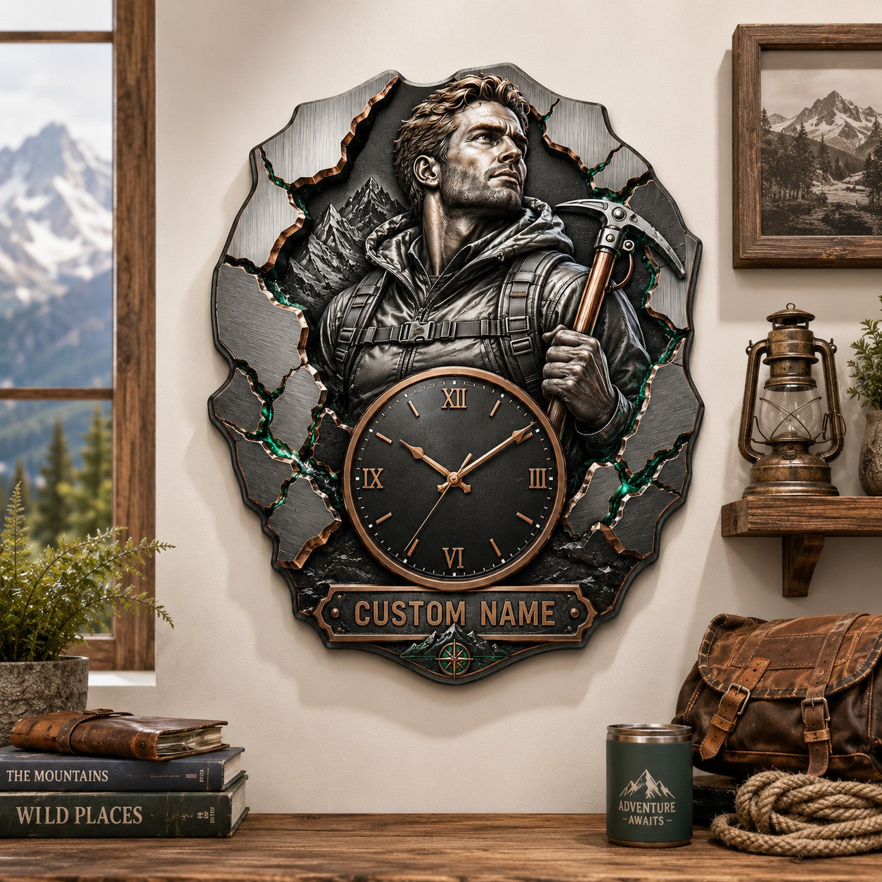 Personalized Mountain Climber Wall Clock with Custom Name — personalized with a custom name