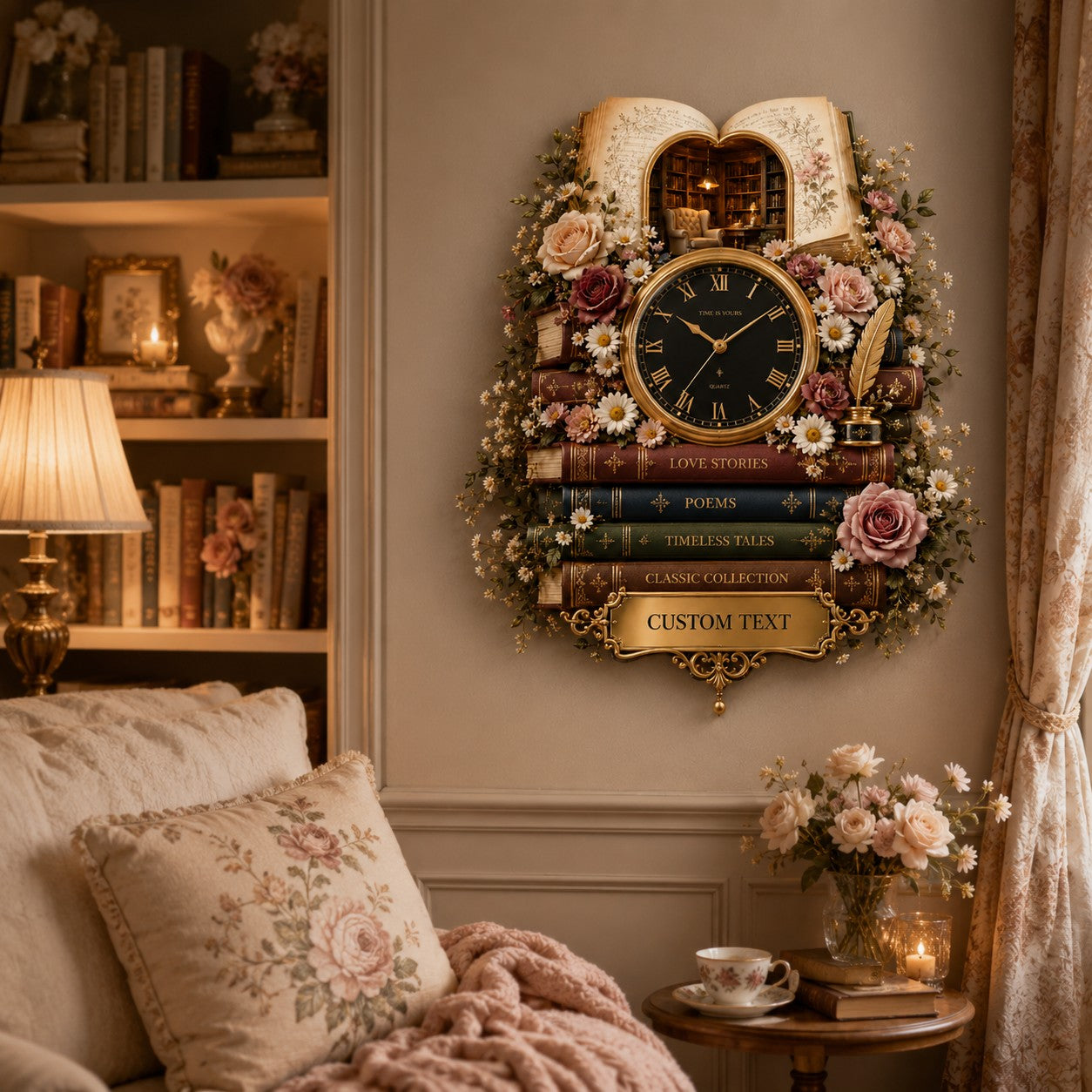 Personalized Book Lover Wall Clock, Custom Name Gift for Book Lovers — personalized with a custom name