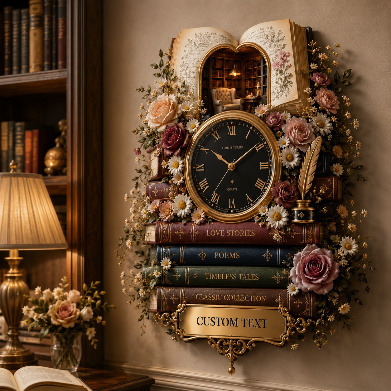 Personalized Book Lover Wall Clock, Custom Name Gift for Book Lovers — personalized with a custom name
