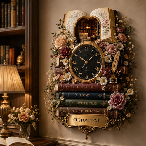 Personalized Book Lover Wall Clock, Custom Name Gift for Book Lovers — personalized with a custom name