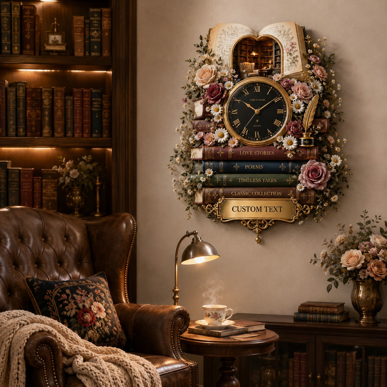 Personalized Book Lover Wall Clock, Custom Name Gift for Book Lovers — personalized with a custom name