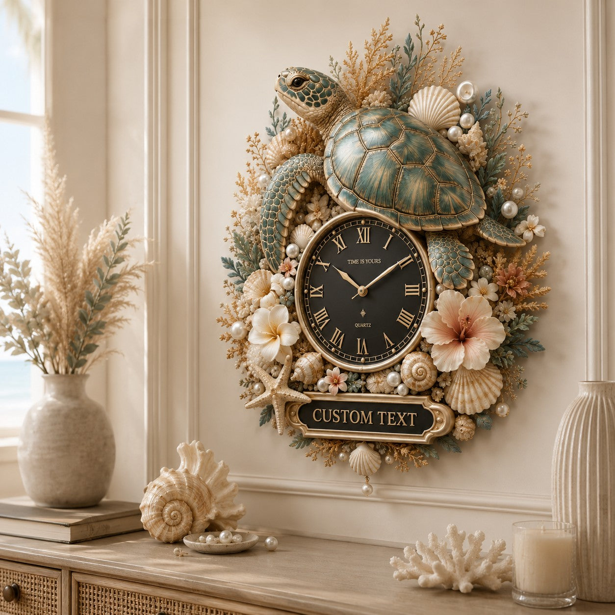 Personalized Ocean Turtle Wall Clock with Custom Name — personalized with a custom name
