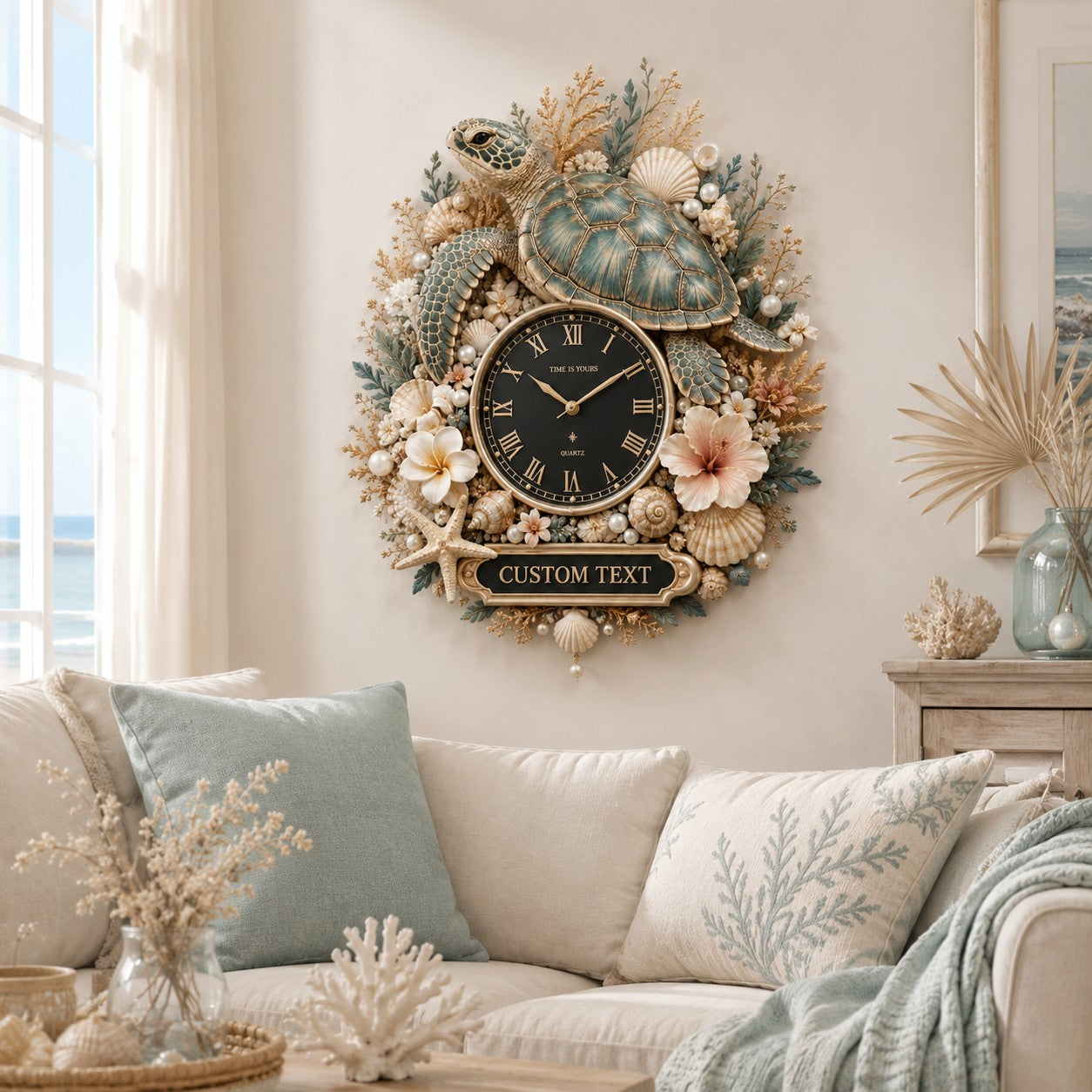 Personalized Ocean Turtle Wall Clock with Custom Name — personalized with a custom name