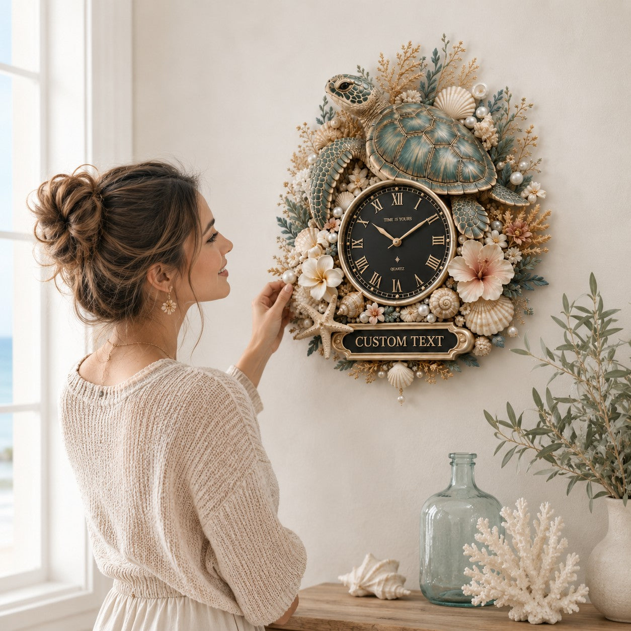 Personalized Ocean Turtle Wall Clock with Custom Name — personalized with a custom name