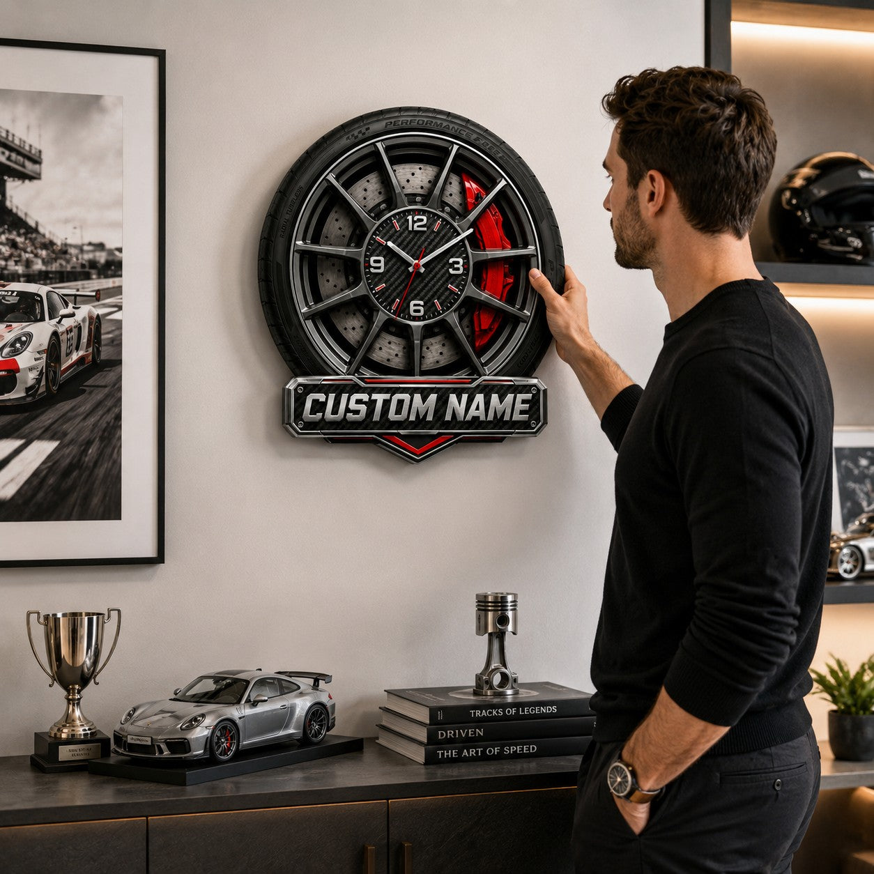 Personalized Performance Wheel and Brake Wall Clock with Custom Name — personalized with a custom name