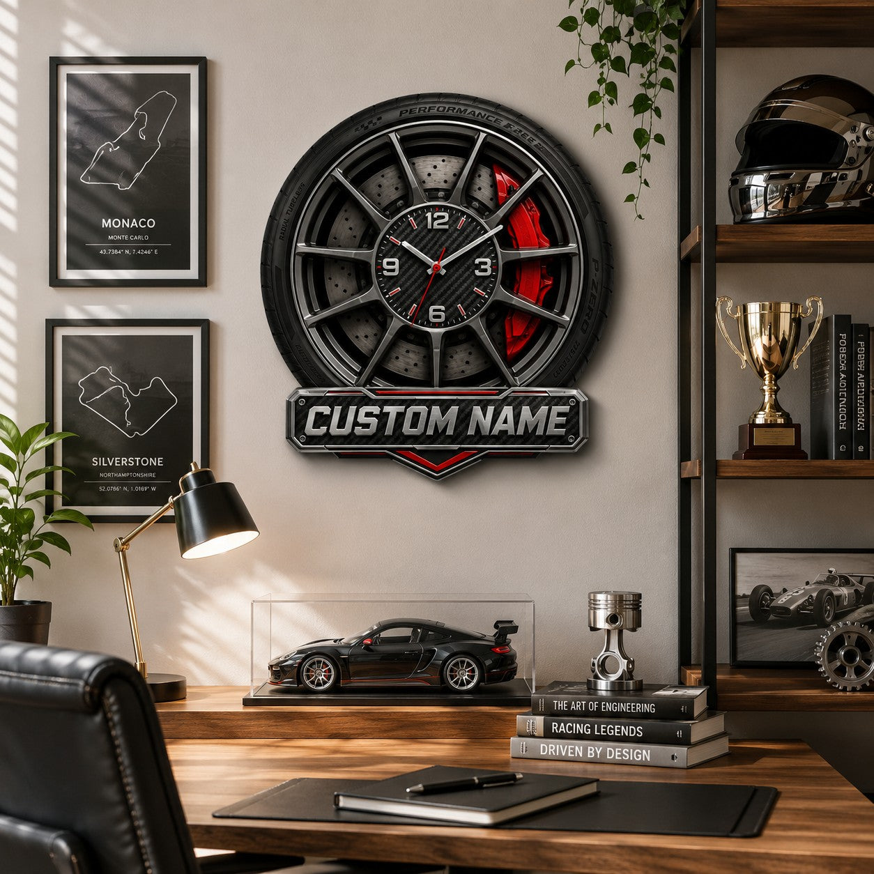 Personalized Performance Wheel and Brake Wall Clock with Custom Name — personalized with a custom name