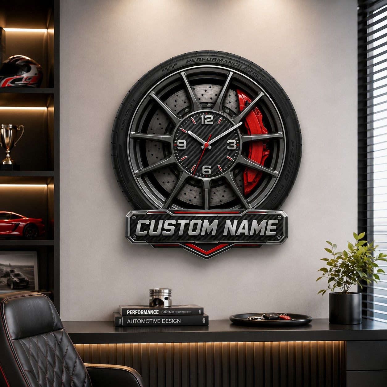 Personalized Performance Wheel and Brake Wall Clock with Custom Name — personalized with a custom name