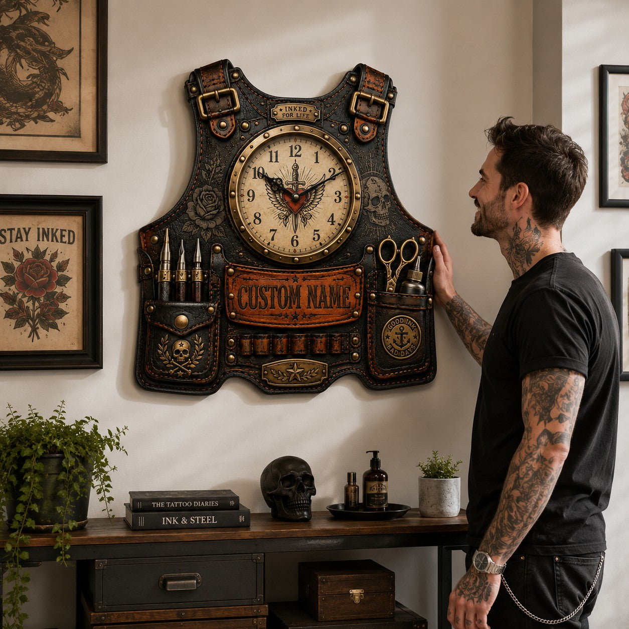 Personalized Tattoo Apron Wall Clock with Custom Name — personalized with a custom name