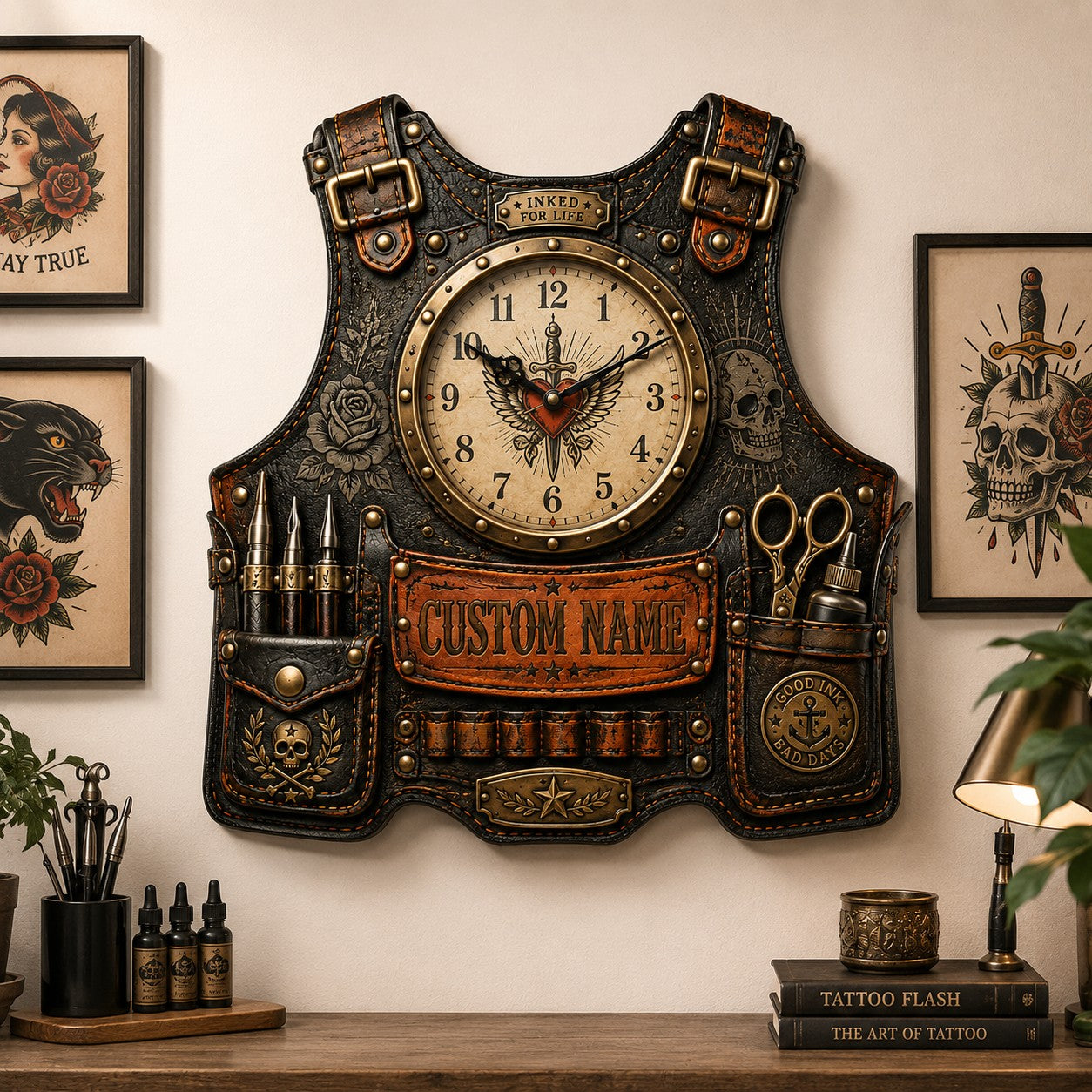 Personalized Tattoo Apron Wall Clock with Custom Name — personalized with a custom name