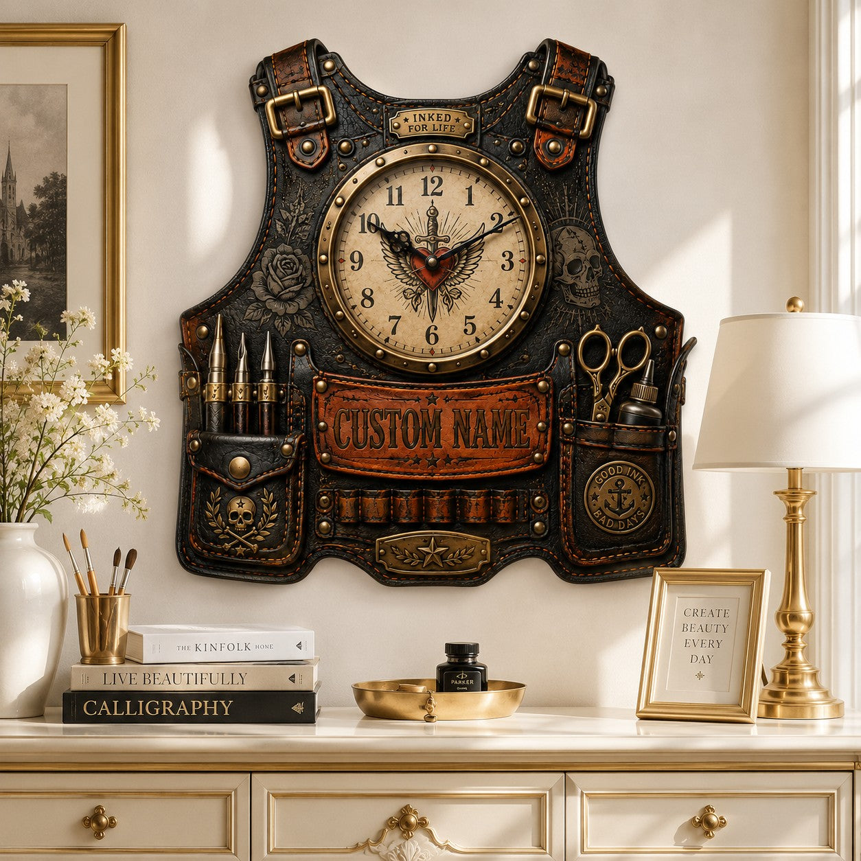 Personalized Tattoo Apron Wall Clock with Custom Name — personalized with a custom name