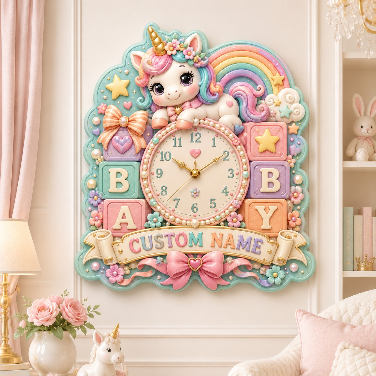 Personalized Baby Unicorn Wall Clock, New Baby Gift with Custom Name — personalized with a custom name