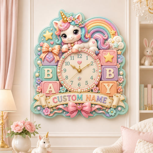 Personalized Baby Unicorn Wall Clock, New Baby Gift with Custom Name — personalized with a custom name