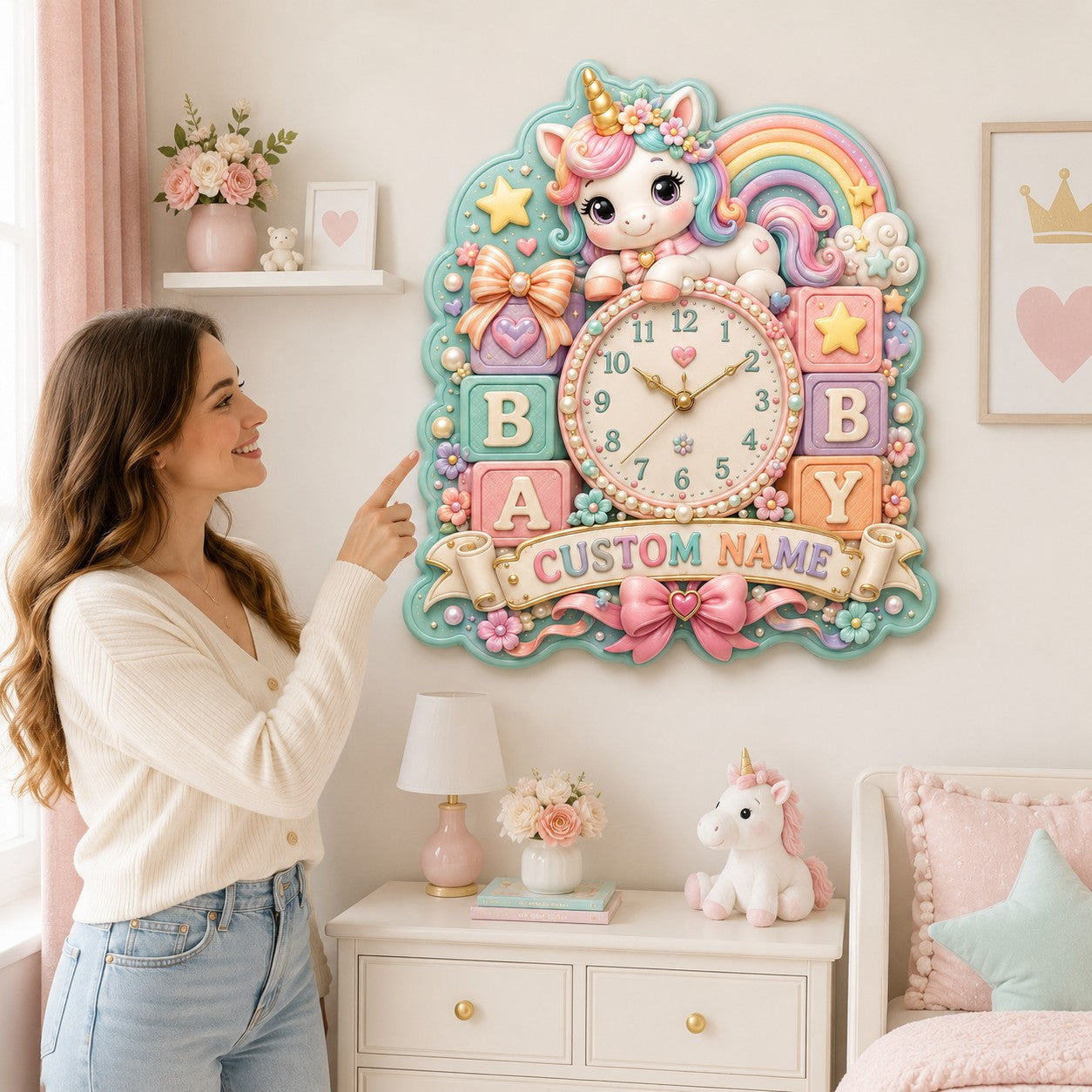 Personalized Baby Unicorn Wall Clock, New Baby Gift with Custom Name — personalized with a custom name