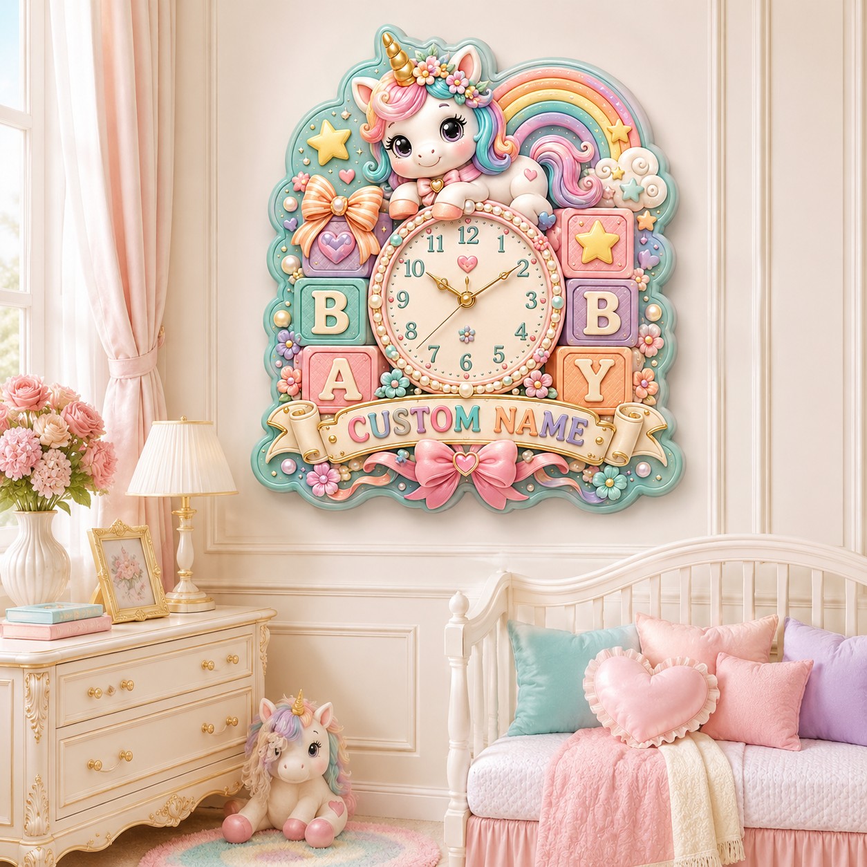 Personalized Baby Unicorn Wall Clock, New Baby Gift with Custom Name — personalized with a custom name