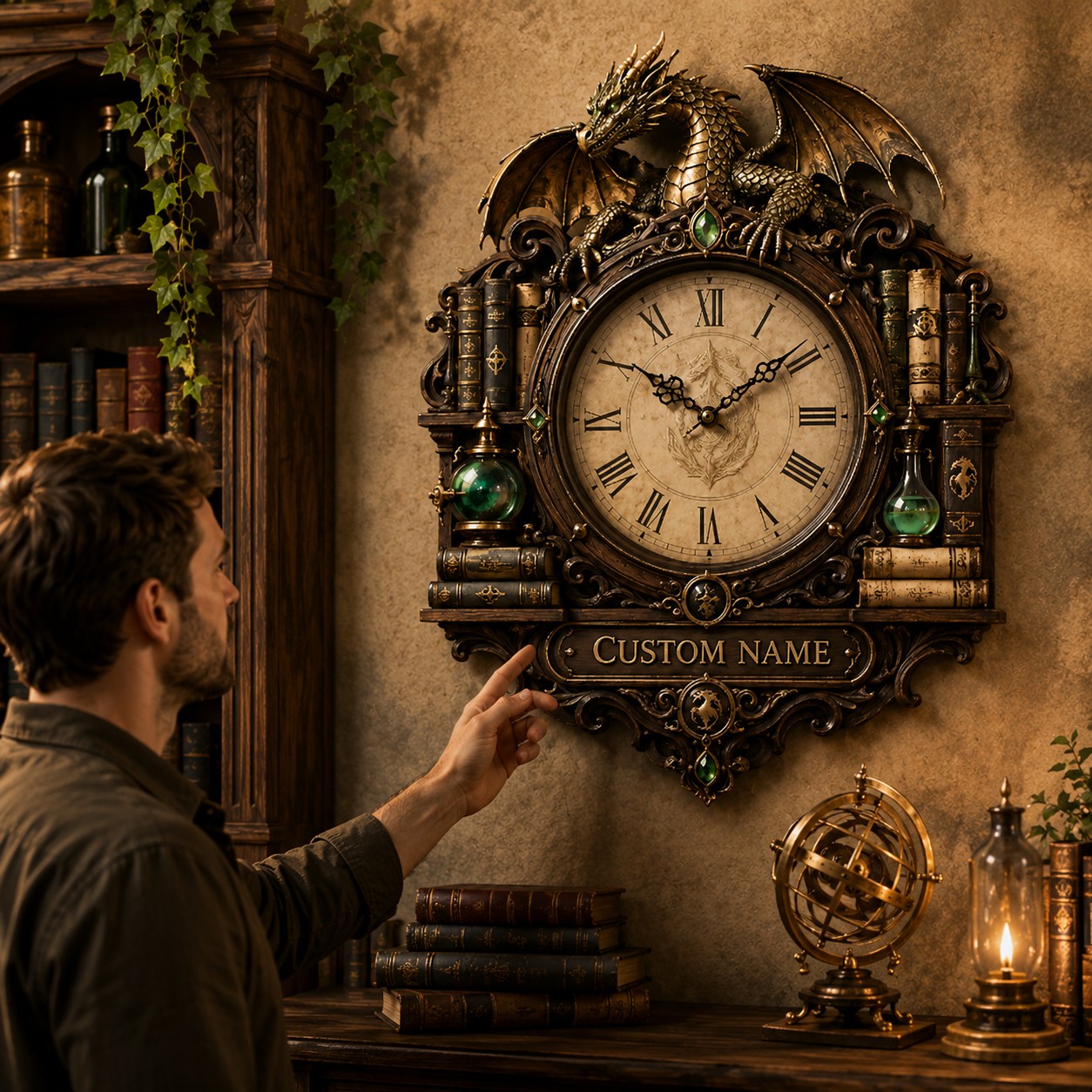 Personalized Wizard Library Dragon Wall Clock with Custom Name — personalized with a custom name