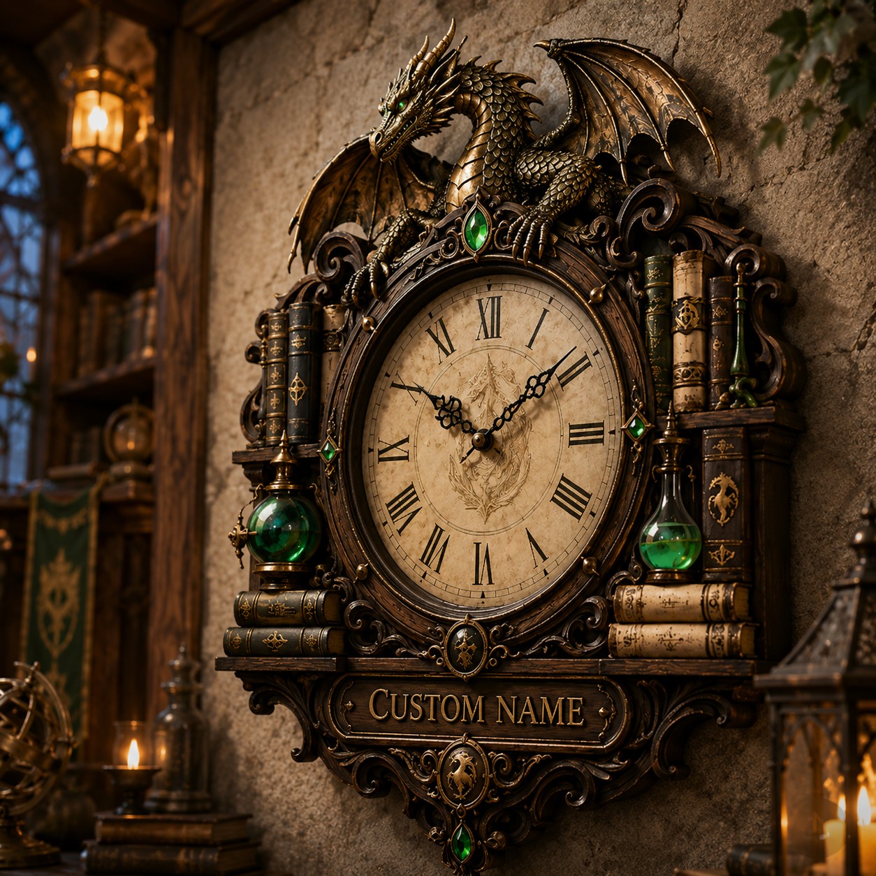 Personalized Wizard Library Dragon Wall Clock with Custom Name — personalized with a custom name