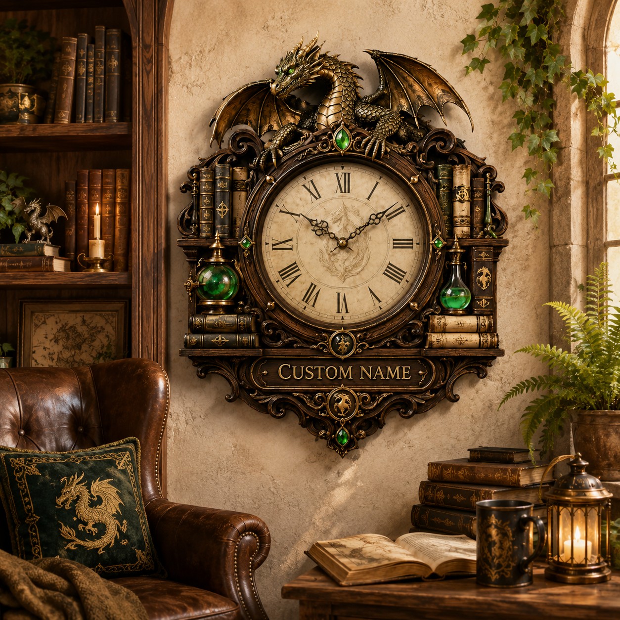 Personalized Wizard Library Dragon Wall Clock with Custom Name — personalized with a custom name