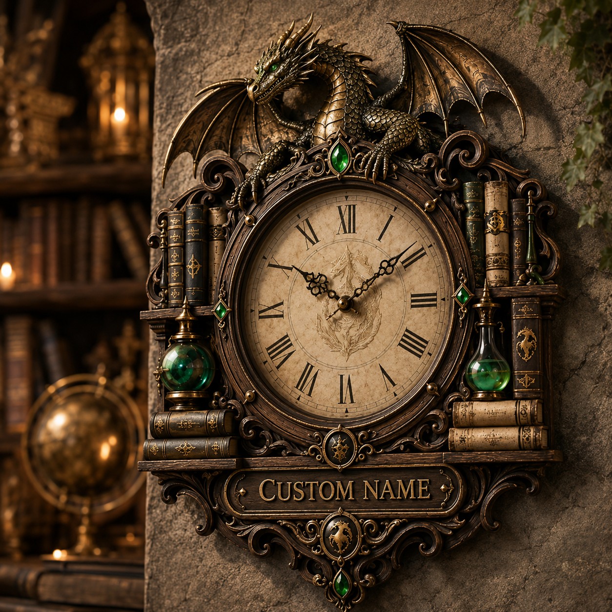 Personalized Wizard Library Dragon Wall Clock with Custom Name — personalized with a custom name