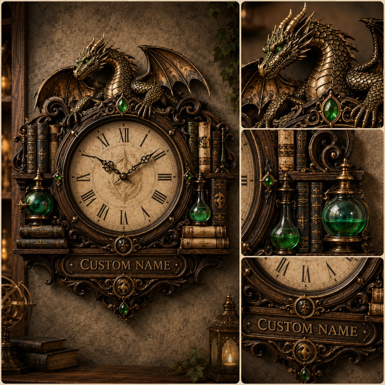 Personalized Wizard Library Dragon Wall Clock with Custom Name — personalized with a custom name