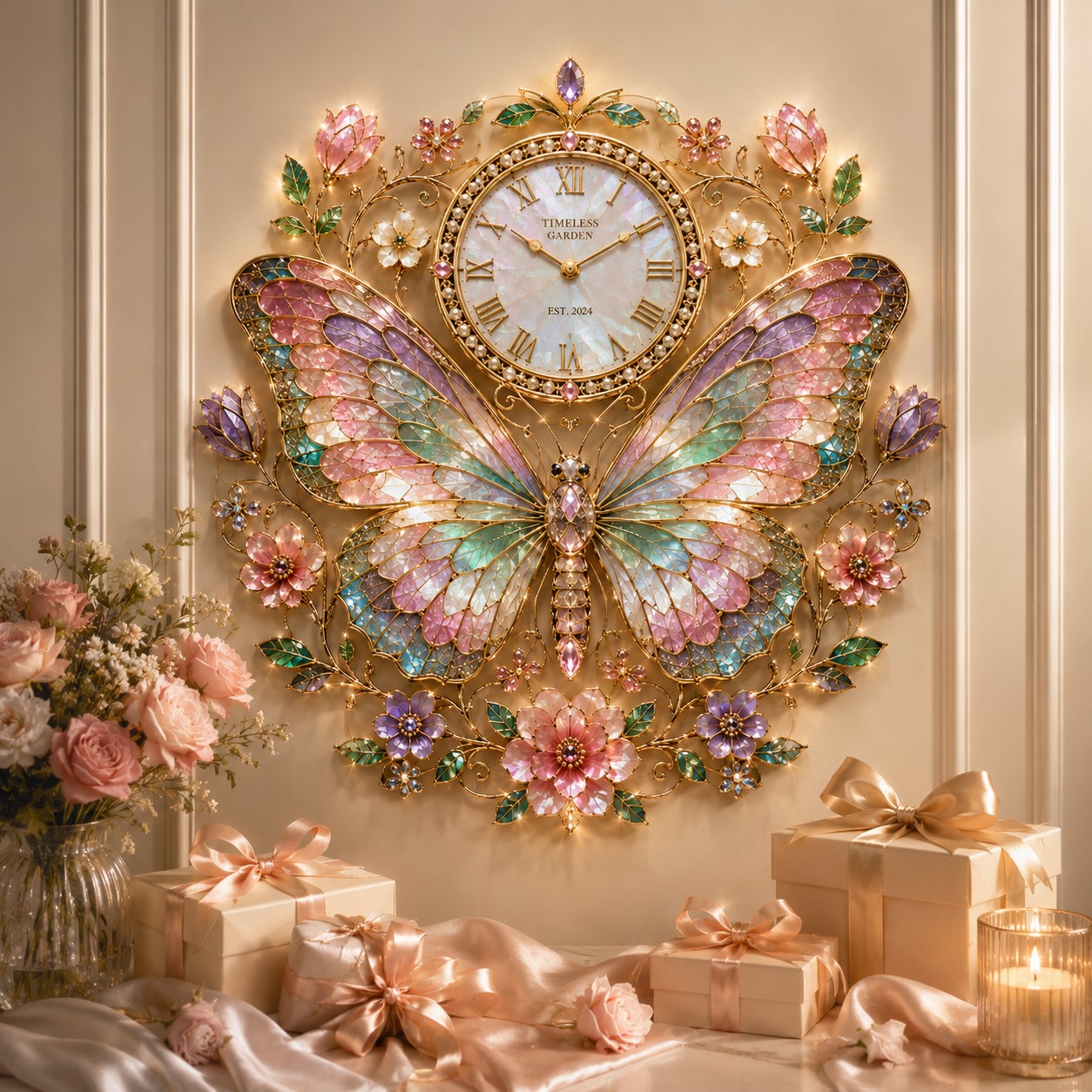 Personalized Pastel Butterfly Wall Clock with Custom Name — personalized with a custom name