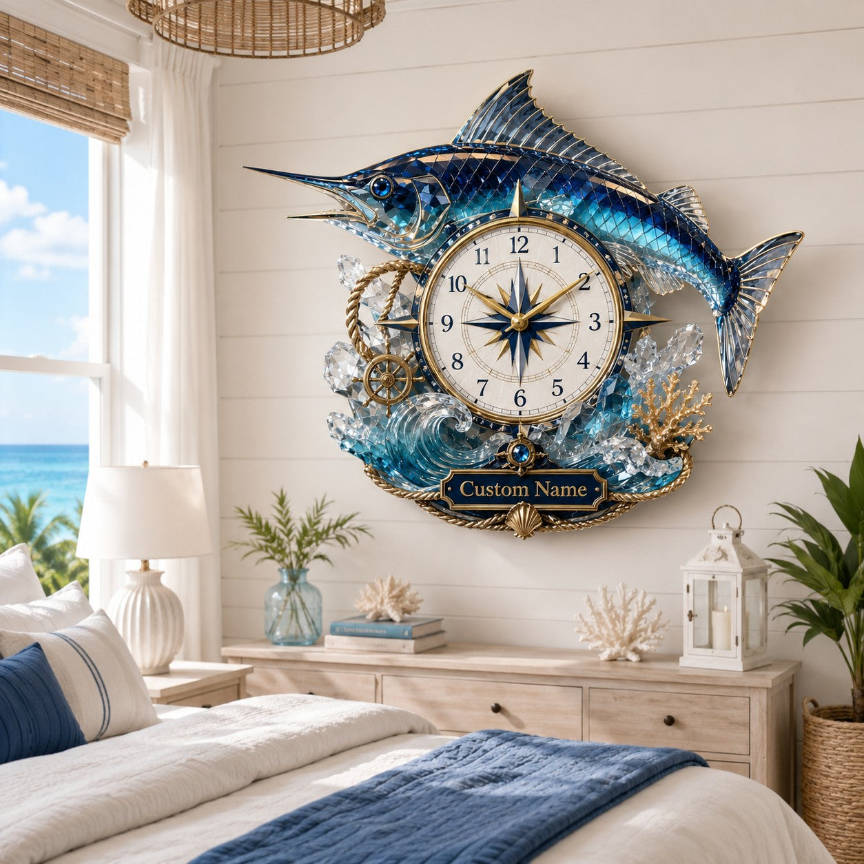 Personalized Blue Marlin Wall Clock with Custom Name — personalized with a custom name